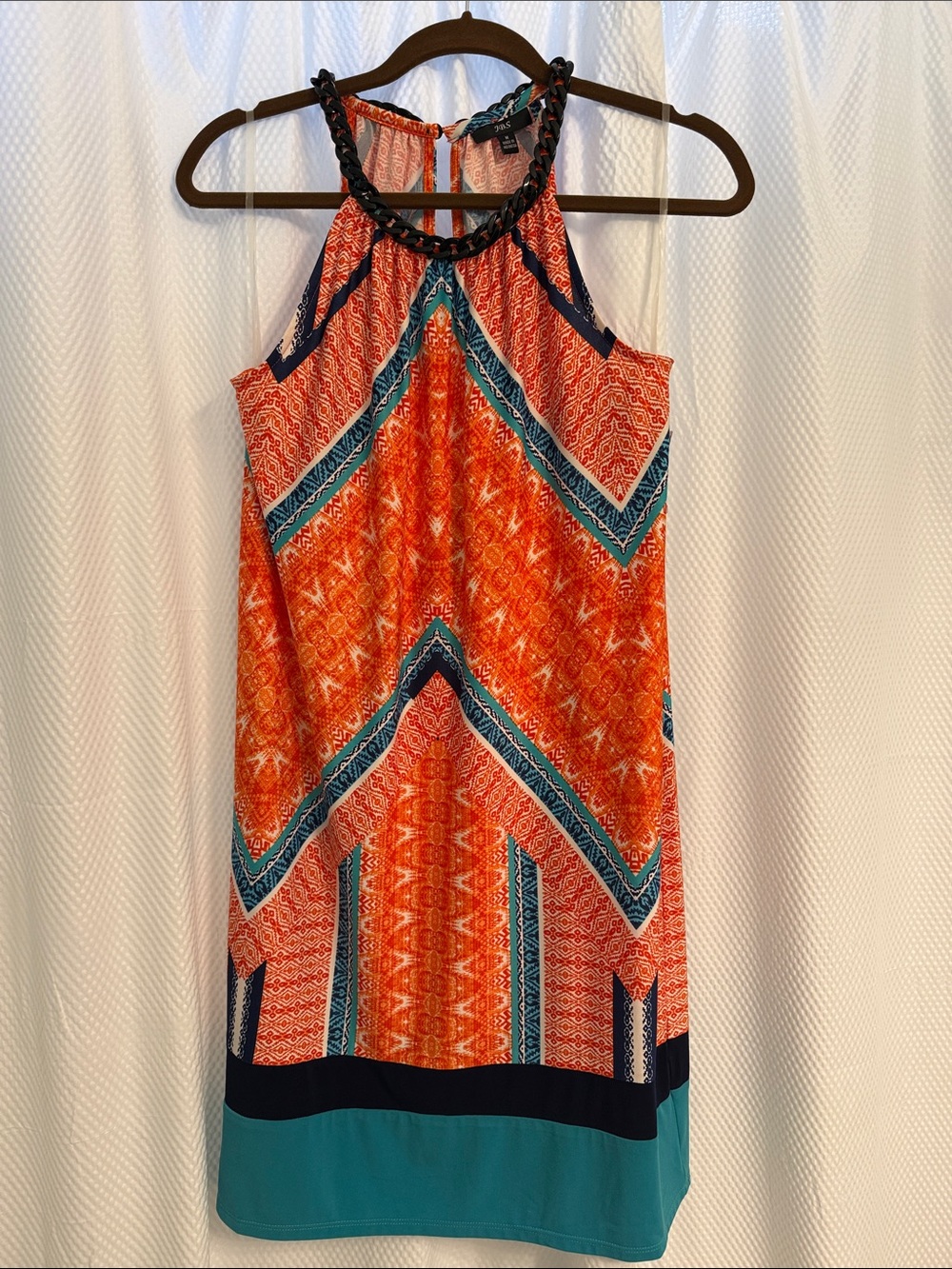 J.B.S. Orange Patterned Halter Tunic with Teal and Navy Accents